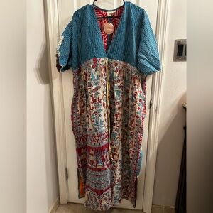 Renew Vintage Bohemian Floral and Deer Kantha Maxi Dress